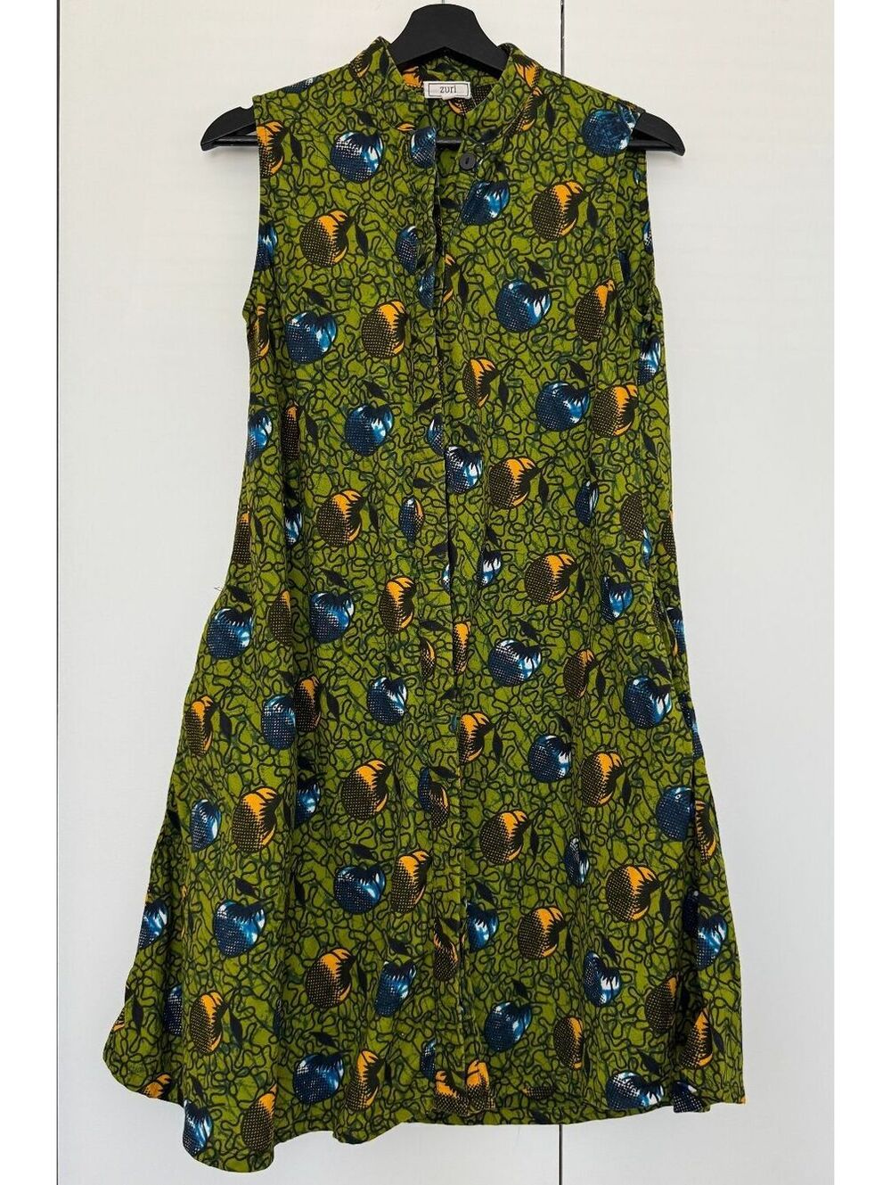 Zuri Kenya Shirt Dress Sleeveless Cotton Print Olive Green XXS-S